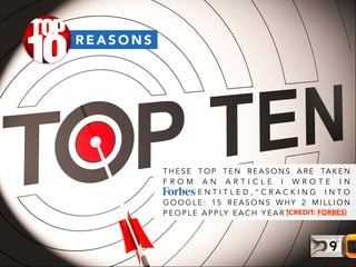 R E A S O N S
T H E S E T O P T E N R E A S O N S A R E TA K E N
F R O M A N A R T I C L E I W R O T E I N
E N T I T L E D , “ C R A C K I N G I N T O
G O O G L E : 1 5 R E A S O N S W H Y 2 M I L L I O N
P E O P L E A P P LY E A C H Y E A R ”[CREDIT: FORBES]
 