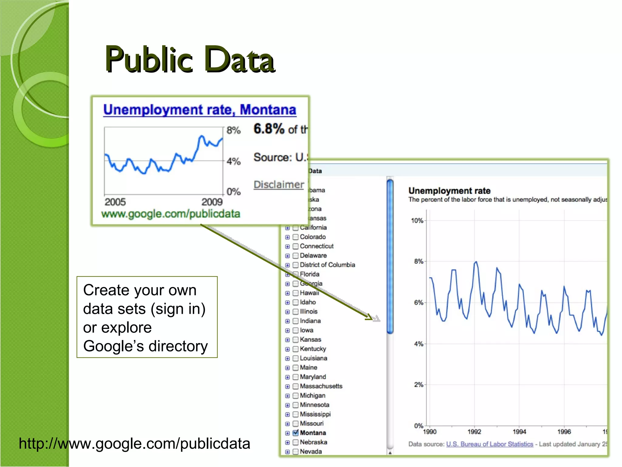 Public Data http://www.google.com/publicdata Create your own data sets (sign in) or explore Google’s directory 