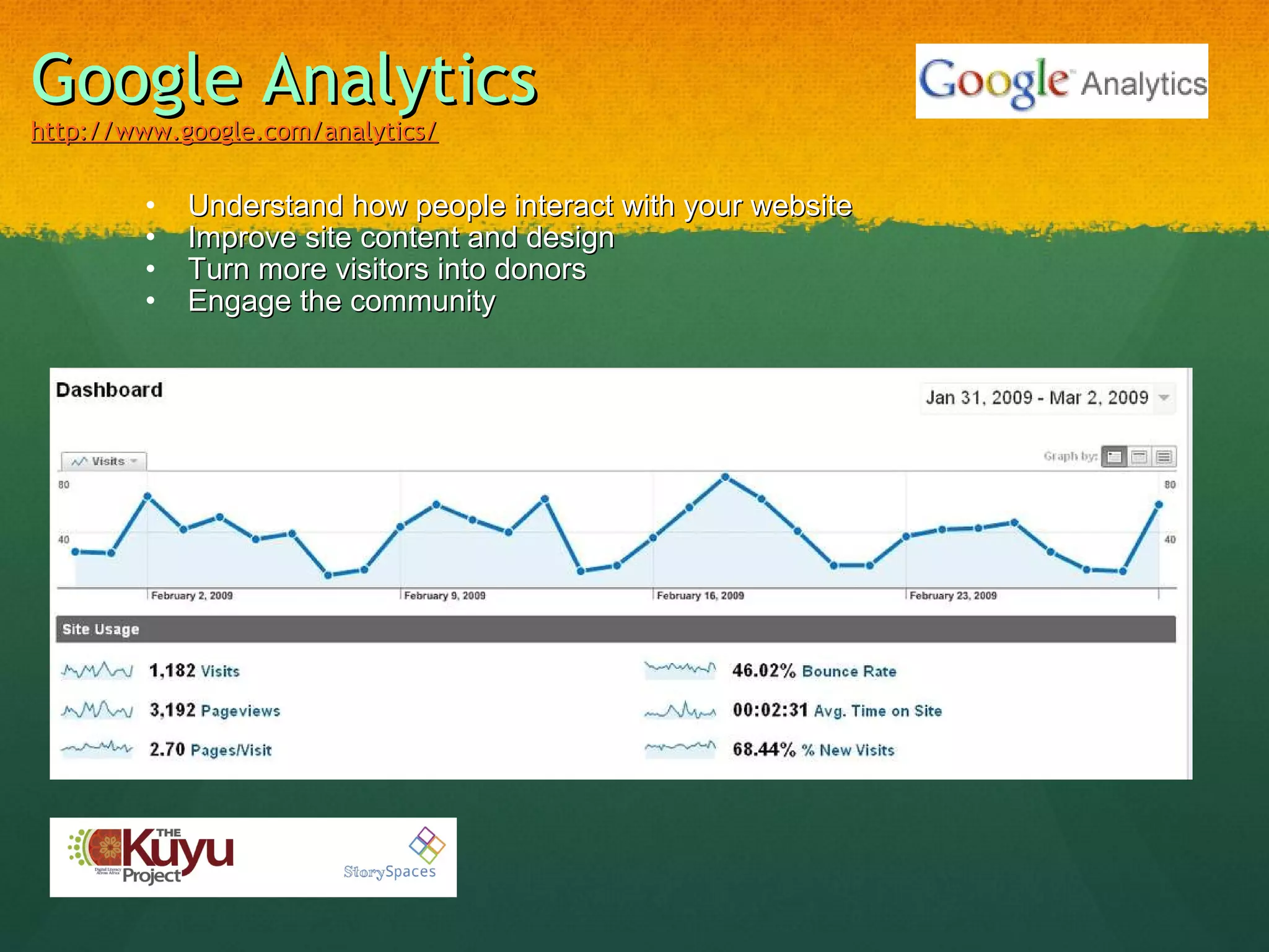 Google Analytics http://www.google.com/analytics/ Understand how people interact with your website Improve site content and design Turn more visitors into donors Engage the community 