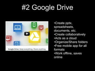 #2 Google Drive

         •Create pptx,
         spreadsheets,
         documents, etc.
         •Create collaboratively
         •Acts as a cloud
         •Organize/Share folders
         •Free mobile app for all
         formats
         •Work offline, saves
         online
 