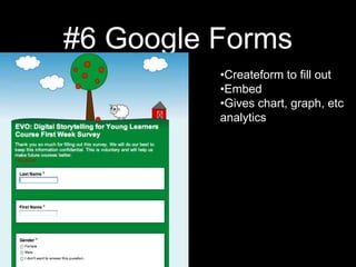 #6 Google Forms
          •Createform to fill out
          •Embed
          •Gives chart, graph, etc
          analytics
 