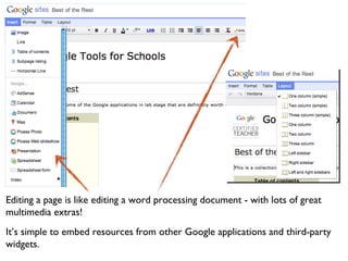 Editing a page is like editing a word processing document - with lots of great multimedia extras!  It’s simple to embed resources from other Google applications and third-party widgets. 