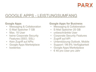 GOOGLE APPS - LEISTUNGSUMFANG
Google Apps                    Google Apps for Business
 • Messaging & Collaboration    • Messaging & Collaboration
 • E-Mail Speicher 7 GB         • E-Mail Speicher 25 GB
 • Max. 10 User                 • unbeschränkte User
 • keine Corporate Security     • Corporate Security Features
   Features (SSO, SSL)          • Zugriff auf API
 • Kein Zugriff auf APIs        • Unterstützung Outlook, Mobile
 • Google Apps Marketplace      • Support / 99.9% Verfügbarkeit
 • kostenlos                    • Google Apps Marketplace
                                • € 40 pro User pro Jahr
 
