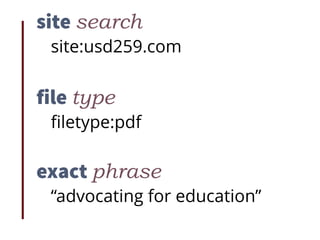 site search
site:usd259.com
file type
ﬁletype:pdf
exact phrase
“advocating for education”
 