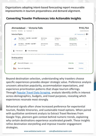 Understanding Web Scraping Foodhub Reviews
Web scraping involves extracting large amounts of data from websites in an automated manner.
Foodhub Reviews Scraper is designed to help businesses collect customer reviews from Foodhub,
a popular food delivery platform.
By scraping reviews, ratings, and feedback from customers, businesses can gain insights into
various aspects of their service, including food quality, delivery times, and customer satisfaction.
Instead of relying on manual data collection, Foodhub Reviews Data Collection through scraping
allows for real-time access to a large volume of structured data, which is essential for making
informed decisions.
Introduction
In today's dynamic quick-commerce landscape, staying competitive requires instant visibility
into market pricing trends and consumer preferences. This case study examines how a leading
grocery delivery chain with 30+ online stores across major Indian metropolitan areas
leveraged Real-Time Grocery Price Monitoring solutions from us to transform their business
intelligence capabilities and market positioning strategies.
The client struggled with maintaining competitive pricing across thousands of SKUs and
identifying regional pricing patterns. They also suffered revenue leakage due to suboptimal
pricing strategies. They needed a comprehensive solution to provide detailed insights into
quick-commerce market dynamics and enable precise price optimization across their diverse
grocery catalog.
The client revolutionized their approach to pricing strategy and inventory management by
implementing advanced Grocery Price Data Scraping technologies. This resulted in
remarkable improvements in market responsiveness, profit margins, and substantial revenue
growth.
Client Success Story
Introduction
This case study highlights how our Coupang Product Price Scraping Service revolutionized a
client's market analysis and pricing optimization strategy. By deploying advanced
techniques, we empowered the client with unmatched insights into the competitive
dynamics of South Korea's leading e-commerce platform.
Our customized solution delivered robust market intelligence, enabling clients to drive data-
backed pricing decisions, swiftly adapt to market changes, and significantly enhance their
profit margins. Leveraging our specialized Coupang Product Data Scraping Solutions scraping
tools, the client gained the strategic edge necessary to excel within Coupang's fast-evolving
marketplace.
The Client
Organizations adopting intent-based forecasting report measurable
improvements in tourism preparedness and demand alignment.
Converting Traveler Preferences into Actionable Insights
Beyond destination selection, understanding why travelers choose
specific experiences provides deeper strategic value. Preference analysis
uncovers attraction popularity, accommodation expectations, and
experience prioritization patterns that shape tourism offerings.
Through Popular Travel Data Scraping, analysts identify shifts in interest
across demographics, budgets, and travel purposes, revealing which
experiences resonate most strongly.
Behavioral signals often show increased preference for experiential
tourism, flexible itineraries, and sustainable travel options. When paired
with qualitative sentiment analysis to Extract Travel Reviews From
Google Trips, planners gain context behind numeric trends, explaining
why certain destinations experience accelerated growth. These insights
refine destination storytelling and improve traveler engagement
strategies.
 