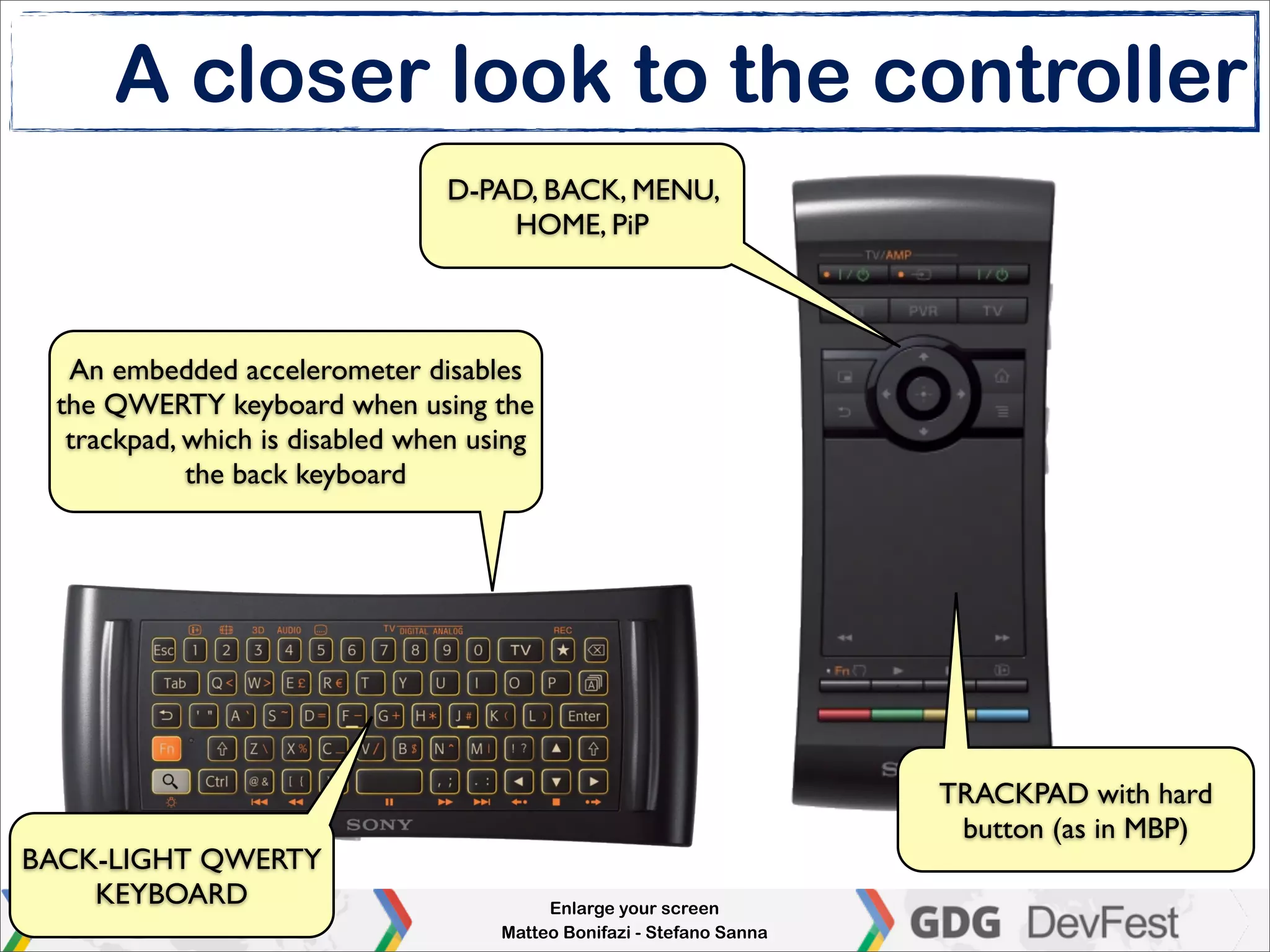 A closer look to the controller
                                D-PAD, BACK, MENU,
                                    HOME, PiP



  An embedded accelerometer disables
 the QWERTY keyboard when using the
  trackpad, which is disabled when using
            the back keyboard




                                                                       TRACKPAD with hard
                                                                        button (as in MBP)
BACK-LIGHT QWERTY
    KEYBOARD                              Enlarge your screen
                                     Matteo Bonifazi - Stefano Sanna
 