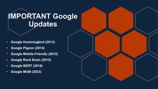 IMPORTANT Google
Updates
• Google Hummingbird (2013)
• Google Pigeon (2014)
• Google Mobile-Friendly (2015)
• Google Rank Brain (2015)
• Google BERT (2019)
• Google MUM (2023)
 