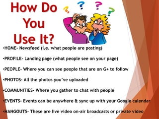 How Do
You
Use It?•HOME- Newsfeed (i.e. what people are posting)
•PROFILE- Landing page (what people see on your page)
•PEOPLE- Where you can see people that are on G+ to follow
•PHOTOS- All the photos you’ve uploaded
•COMMUNITIES- Where you gather to chat with people
•EVENTS- Events can be anywhere & sync up with your Google calendar
•HANGOUTS- These are live video on-air broadcasts or private video
 