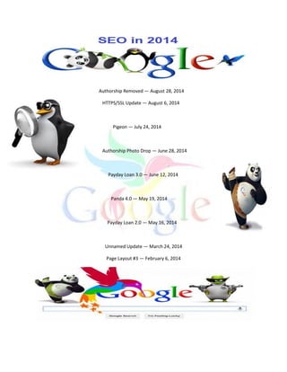 Authorship Removed  August 28, 2014 
HTTPS/SSL Update  August 6, 2014 
Pigeon  July 24, 2014 
Authorship Photo Drop  June 28, 2014 
Payday Loan 3.0  June 12, 2014 
Panda 4.0  May 19, 2014 
Payday Loan 2.0  May 16, 2014 
Unnamed Update  March 24, 2014 
Page Layout #3  February 6, 2014 
