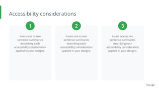 Accessibility considerations
Insert one to two
sentence summaries
describing each
accessibility consideration
applied in your designs.
Insert one to two
sentence summaries
describing each
accessibility consideration
applied in your designs.
Insert one to two
sentence summaries
describing each
accessibility consideration
applied in your designs.
1 2 3
 