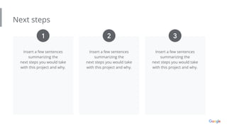 Next steps
Insert a few sentences
summarizing the
next steps you would take
with this project and why.
Insert a few sentences
summarizing the
next steps you would take
with this project and why.
Insert a few sentences
summarizing the
next steps you would take
with this project and why.
1 2 3
 