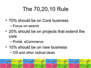 The 70,20,10 Rule 70% should be on Core business Focus on search 20% should be on projects that extend the core Portal, eCommerce 10% should be on new business OS and other radical ideas 