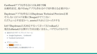 Cardboardアプリを作る分には5.5f3でOK
比較的安定、他のUnityアプリも作れるので切り替える必要がない
Daydreamアプリを作るにはDaydream Technical Preview必須
そうしないとビルド対象にNougatがでてこない
ただちょっと不安定かつ、assetsが入れにくかったりする
5.6でDaydream正式対応するって言ってる（vulkanも）
現在5.6beta4が公開中（今回は使いません、バグだらけなので）
 