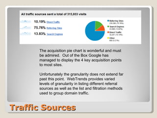 Traffic Sources The acquisition pie chart is wonderful and must be admired.  Out of the Box Google has managed to display the 4 key acquisition points to most sites.  Unfortunately the granularity does not extend far past this point.  WebTrends provides varied levels of granularity in listing different referral sources as well as the list and filtration methods used to group domain traffic. 