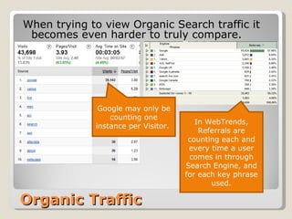 Organic Traffic When trying to view Organic Search traffic it becomes even harder to truly compare. In WebTrends, Referrals are counting each and every time a user comes in through Search Engine, and for each key phrase used. Google may only be counting one instance per Visitor.  