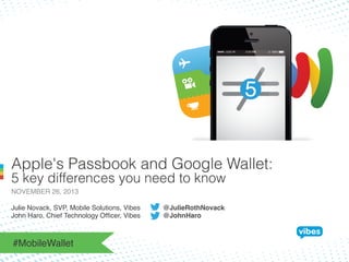 Apple's Passbook and Google Wallet:
5 key differences you need to know
NOVEMBER 26, 2013!
Julie Novack, SVP, Mobile Solutions, Vibes
John Haro, Chief Technology Ofﬁcer, Vibes

#MobileWallet!

@JulieRothNovack!
@JohnHaro!

 
