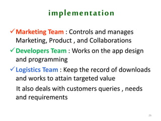 implementation
Marketing Team : Controls and manages
Marketing, Product , and Collaborations
Developers Team : Works on the app design
and programming
Logistics Team : Keep the record of downloads
and works to attain targeted value
It also deals with customers queries , needs
and requirements
29
 
