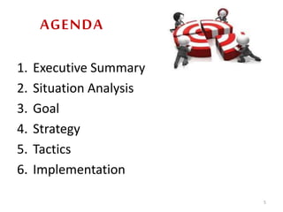 AGENDA
1. Executive Summary
2. Situation Analysis
3. Goal
4. Strategy
5. Tactics
6. Implementation
5
 