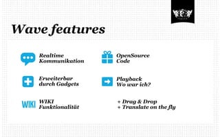 Wave features
        Realtime         OpenSource
        Kommunikation    Code


        Erweiterbar      Playback
        durch Gadgets    Wo war ich?



 WIKI   WIKI
        Funktionalität
                         + Drag & Drop
                         + Translate on the fly
 