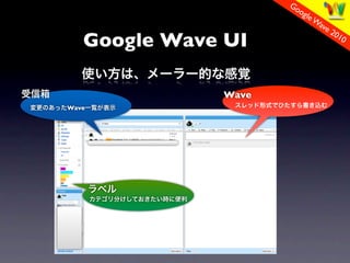 Go
                       og
                          le W
                              ave
                                  2
   Google Wave UI
                                   01
                                      0




              Wave
Wave
 
