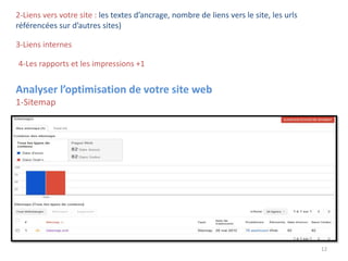 2-Liens vers votre site : les textes d’ancrage, nombre de liens vers le site, les urls
référencées sur d’autres sites)
12
Analyser l’optimisation de votre site web
1-Sitemap
3-Liens internes
4-Les rapports et les impressions +1
 