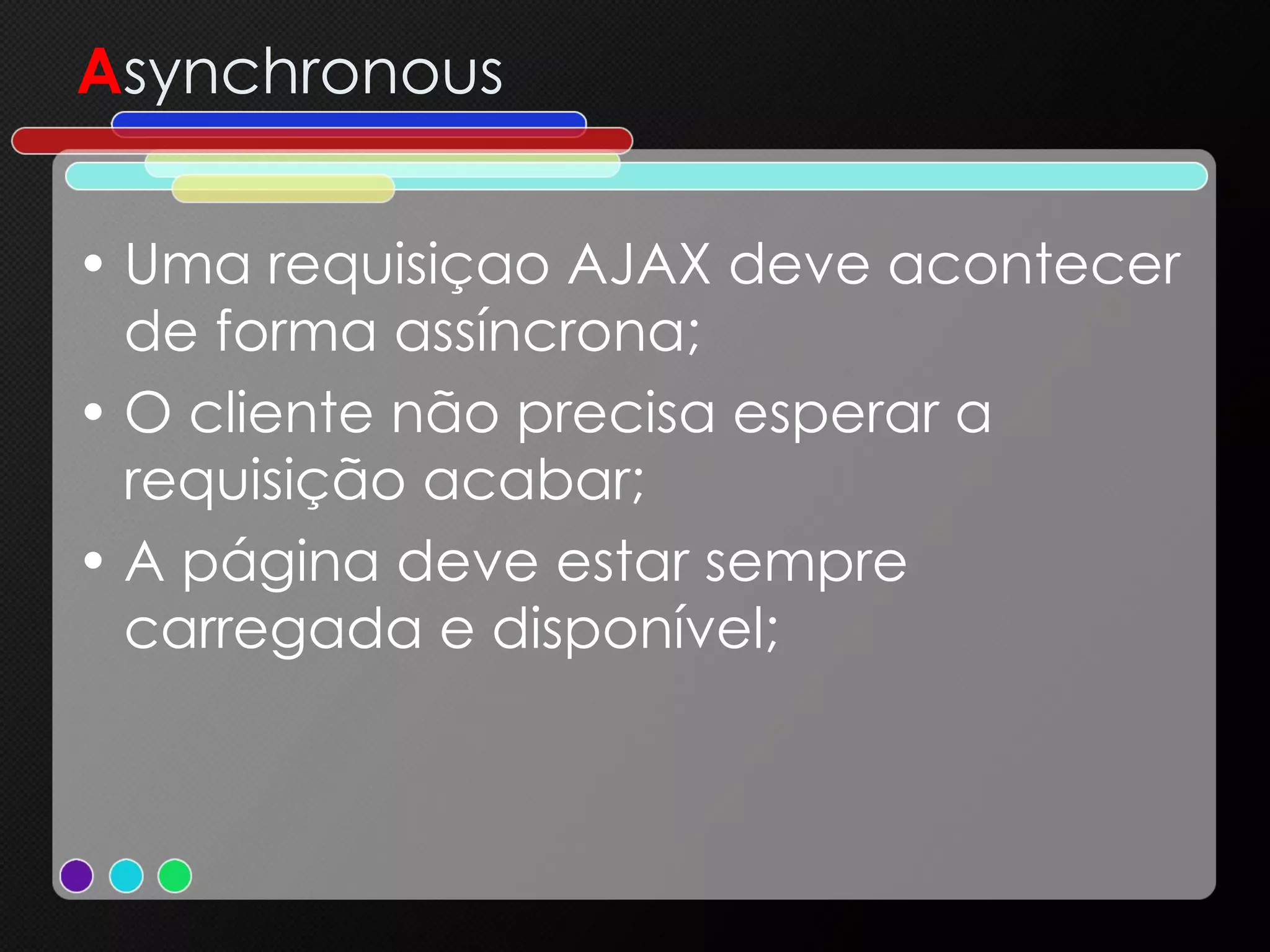 A synchronous Uma requisiçao AJAX deve acontecer de forma assíncrona; O cliente não precisa esperar a requisição acabar; A página deve estar sempre carregada e disponível; 