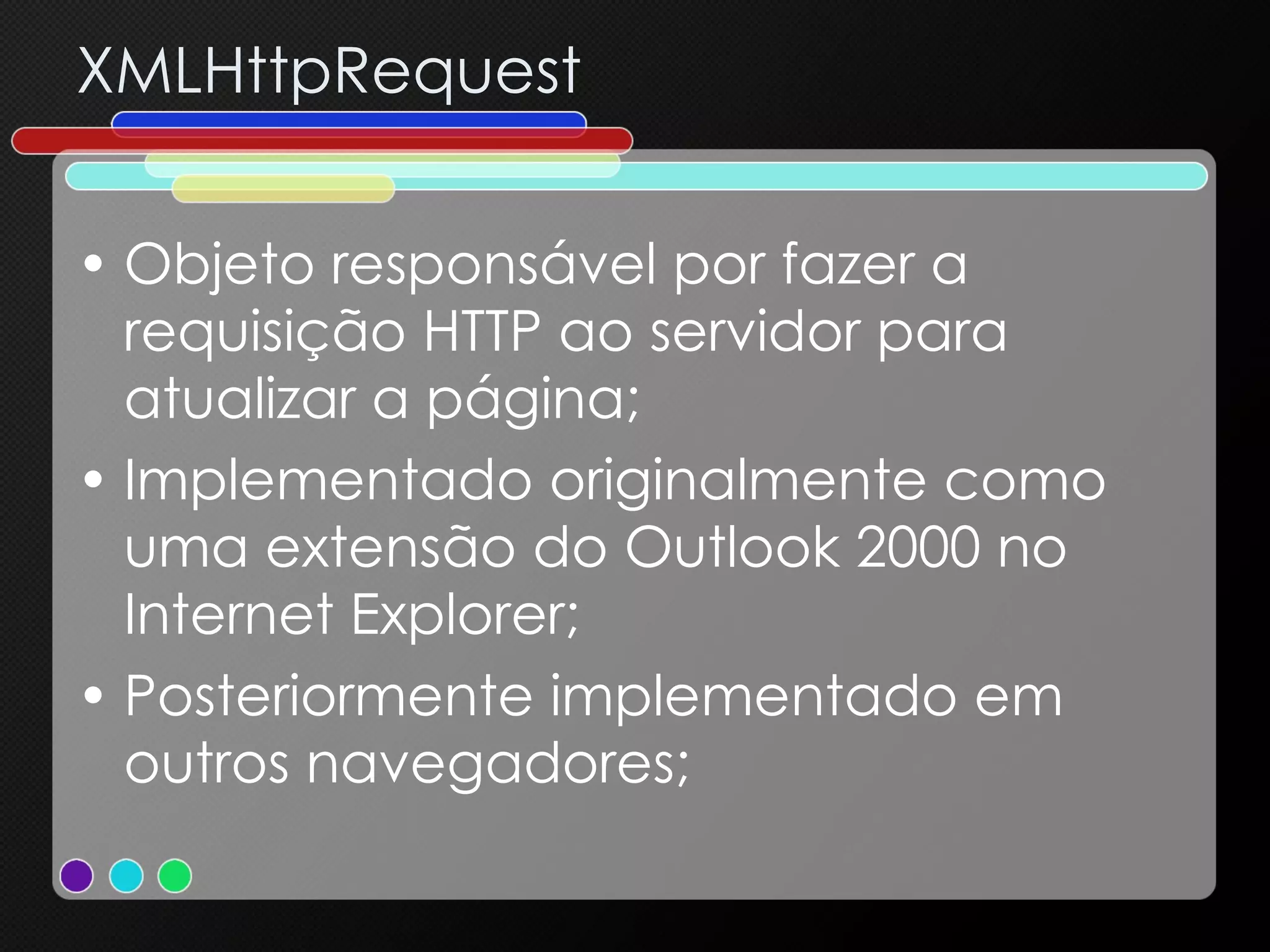 XMLHttpRequest Objeto responsável por fazer a requisição HTTP ao servidor para atualizar a página; Implementado originalmente como uma extensão do Outlook 2000 no Internet Explorer; Posteriormente implementado em outros navegadores; 