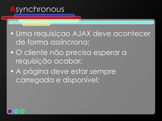 A synchronous Uma requisiçao AJAX deve acontecer de forma assíncrona; O cliente não precisa esperar a requisição acabar; A página deve estar sempre carregada e disponível; 