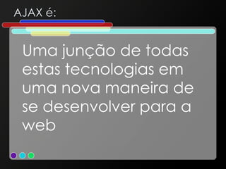AJAX é: Uma junção de todas estas tecnologias em uma nova maneira de se desenvolver para a web 