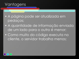 Vantagens A página pode ser atualizada em pedaços; A quantidade de informação enviada de um lado para o outro é menor; Como muito do código executa no cliente, o servidor trabalha menos; 
