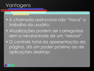 Vantagens A chamada assíncrona não “trava” o trabalho do usuário; Atualizações podem ser carregadas sem a necessidade de um “reload”; O controle total da apresentação da página, dá um poder próximo ao de aplicações desktop; 