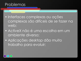 Problemas Interfaces complexas ou ações complexas são difíceis de se fazer na web; ActiveX não é uma escolha em um ambiente diverso; Aplicações desktop dão muito trabalho para evoluir; 