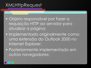 XMLHttpRequest <ul><li>Objeto responsável por fazer a requisição HTTP ao servidor para atualizar a página; </li></ul><ul><...