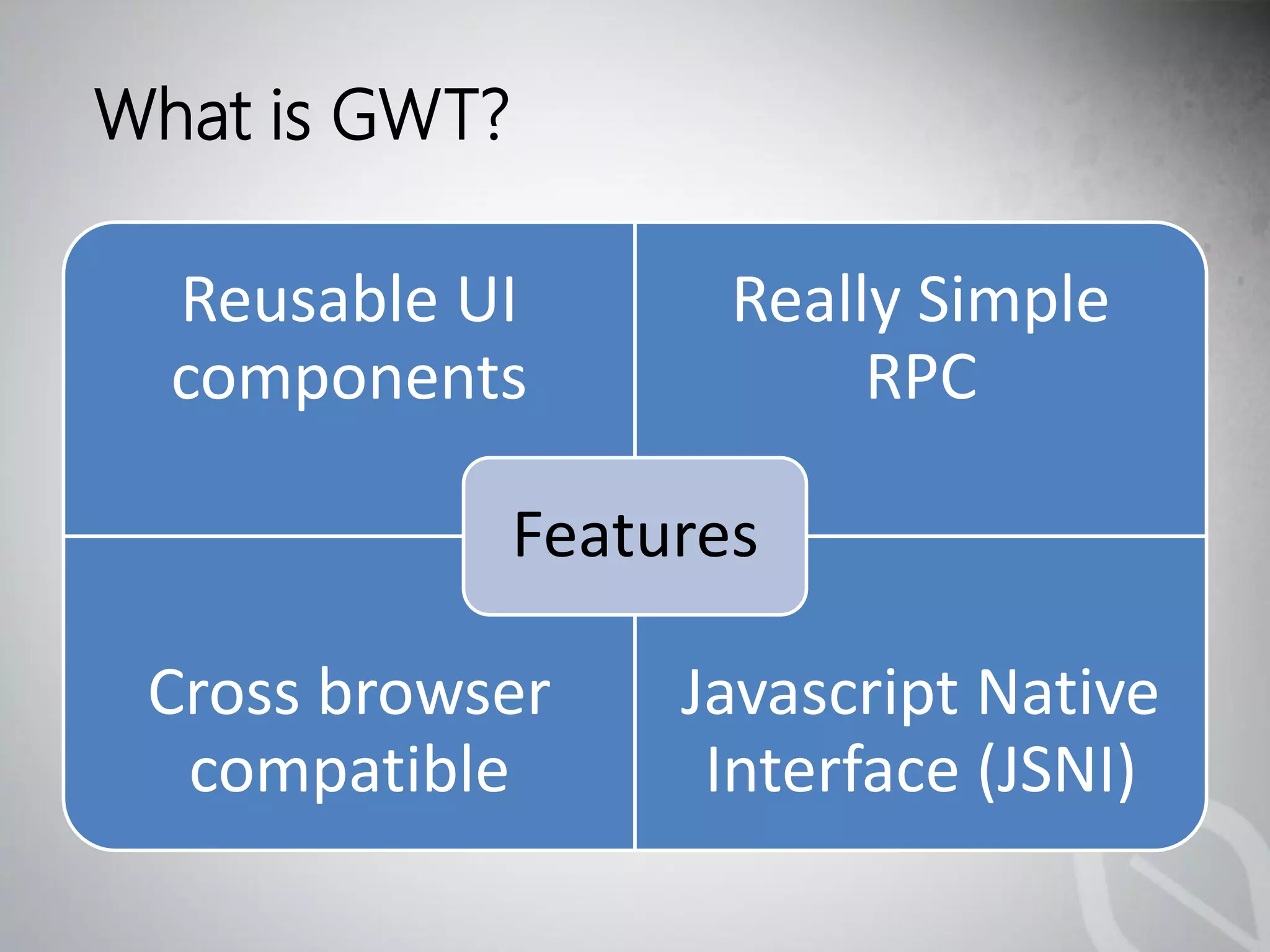 What is GWT?

    Reusable UI                   Really Simple
    components                         RPC

                           Features

   Cross browser
Read more on GWT Overview Page   Javascript Native
    compatible                    Interface (JSNI)
 