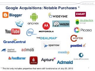5
.
Google Acquisitions: Notable Purchases *
* This list only includes properties that were still functional as of July 20, 2013
 