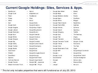 9
.
Current Google Holdings: Sites, Services & Apps.
 OpenSocial
 Google Code
 Plannr
 Picasa
 Alfred
 Dart
 Google Earth
 Google Goggles
 Google Latitude
 Google Moderator
 Google Now
 Google Refine
 Google Shopper
 Google Sky
 Google Swiffy
 Google Toolbar
 Google Wallet
 Social Gold
 PlinkArt
 SocialDeck
 Sparrow
 YouTube Remote
 Google Finance
 Akwan Information Tech.
 Apture
 dodgeball.com
 FeedBurner
 Fflick
 Gmail
 Google Alerts
 Google Analytics
 Google App. Engine
 Google Blog Search
 Google Books
 Google Calendar
 Google Checkout
 Google China
 Google Correlate
 Google Custom Search
 Google Developers
 Google Docs
 Google Drive
 Google Encrypted Search
 Google Groups
 Google Hotel Finder
 Google Image Search
 Google IME – Japanese
 Google IME – Pinyin
• Google Map Maker
• Google Maps
• Google Mobilizer (GoMo)
• Google News
• Google Offers
• Google Patent Search
• Google Public DNS
• Google Scholar
• Google Search
• Google Shopping
• Google Sync
• Google Talk
• Google Translate
• Google Translator Toolkit
• Google Trends
• Google Voice
• Google Webmaster Tools
• Google WiFi
• Google+
• Google+ Local
• GrandCentral
• iGoogle
• Jaiku
• Jotspot
• Meebo
• Orkut
• Postini
• PostRank
• Blogger
• RightsFlow
• SayNow
• Schemer
• Sparkbuy
• TalkBin
• The Dealmap
• Zingku
• Deja News
• Google+ Circles
• Panoramio
• YouTube
• Zagat
• Google Maps Coordinate
• Google Sites
• Google Web Toolkit
• Channel Intelligence
• Genius Labs
• Measure Map
• like.com
* This list only includes properties that were still functional as of July 20, 2013
 