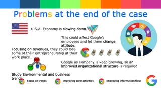 Problems at the end of the case
U.S.A. Economy is slowing down.
This could affect Google’s
employees and let them change
attitude.
Focusing on revenues, they could lose
some of their entrepreneurship at their
work place…
Google as company is keep growing, so an
improved organizational structure is required.
Study Environmental and business
trends
Focus on trends Improving core activities Improving information flow
 