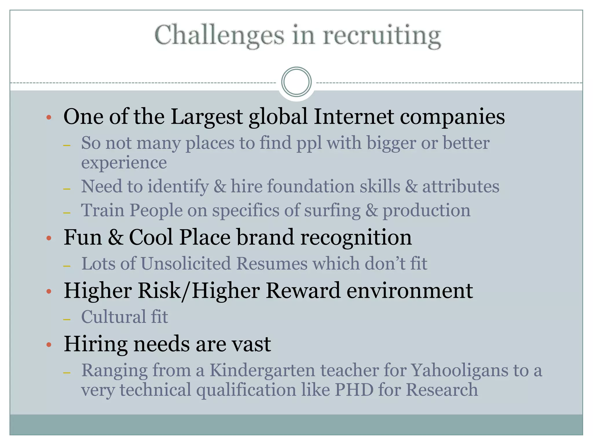 Challenges in recruitingOne of the Largest global Internet companies