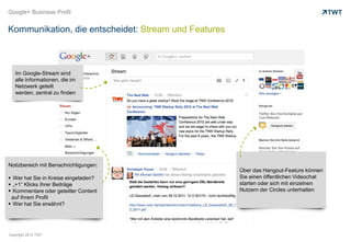 Google+ Business Profil


Kommunikation, die entscheidet: Stream und Features



   Im Google-Stream sind
   alle Informationen, die im
   Netzwerk geteilt
   werden, zentral zu finden




Notizbereich mit Benachrichtigungen:
                                                      Über das Hangout-Feature können
 Wer hat Sie in Kreise eingeladen?                   Sie einen öffentlichen Videochat
 „+1“ Klicks Ihrer Beiträge                          starten oder sich mit einzelnen
 Kommentare oder geteilter Content                   Nutzern der Circles unterhalten
 auf Ihrem Profil
 Wer hat Sie erwähnt?




Copyright 2012 TWT
 