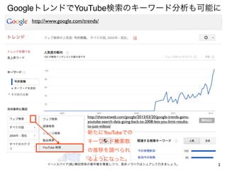 GoogleトレンドでYouTube検索のキーワード分析も可能に
   http://www.google.com/trends/




                           http://thenextweb.com/google/2013/03/20/google-trends-gains-
                           youtube-search-data-going-back-to-2008-lets-you-limit-results-
                           to-just-videos/
                           新たにYouTubeでの
                           キーワード検索数
                           の推移を調べられ
                           るようになった。
         イーンスパイア(株) 横田秀珠の著作権を尊重しつつ、是非ノウハウはシェアして行きましょう。                                      2
 