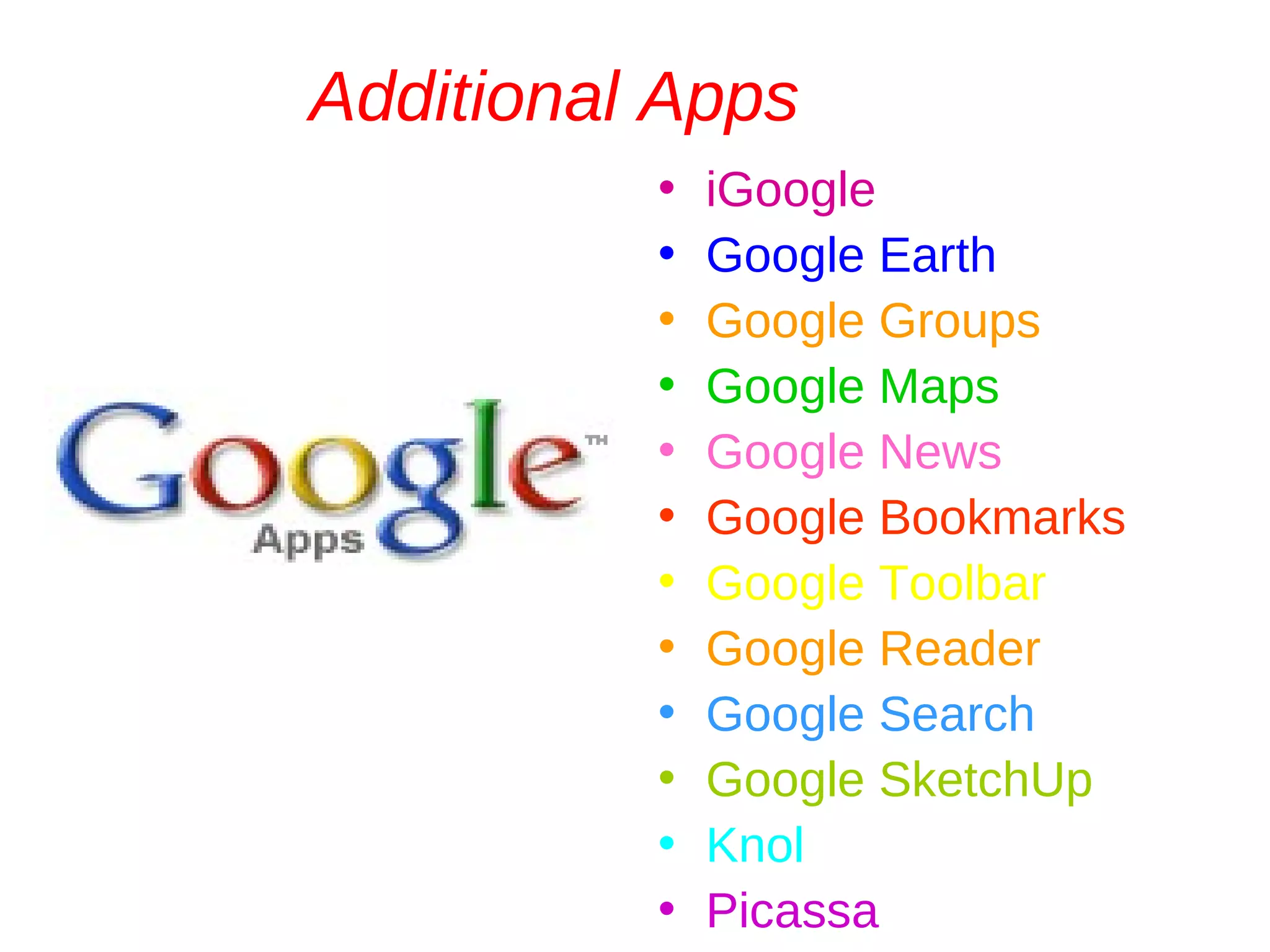 Additional Apps iGoogle Google Earth Google Groups Google Maps Google News Google Bookmarks Google Toolbar Google Reader Google Search Google SketchUp Knol Picassa 