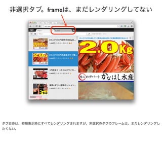 非選択タブ。frameは、まだレンダリングしてない




タブ自身は、初期表示時にすべてレンダリングされますが、非選択のタブのフレームは、まだレンダリングし
たくない。
 