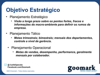 Objetivo Estratégico
• Planejamento Estratégico
      • Visão a longo prazo sobre os pontos fortes, fracos e
        informações do macro-ambiente para definir os rumos da
        empresa.

• Planejamento Tático
      • Metas trimestrais; bimestrais; mensais dos departamentos,
        controle a nível de gerência.

 • Planejamento Operacional
        • Metas de vendas, desempenho, performance, geralmente
          mensais por colaborador.


 @ luisfelipecota
 Facebook.com/Goomark
©2010 Goomark – Todos direitos reservados.
 