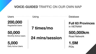 VOICE-GUIDED TRAFFIC ON OUR OWN MAP
200,000
Registered Users
50,000
Monthly Active Users
5,000
Daily Active Users
7 times/...