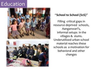 Education
“School to School (S2S)”
Filling critical gaps in
resource deprived schools,
Aanganwari’s,
informal setups in the
villages & slums.
Underutilized urban school
material reaches these
schools as a motivation for
behavioral and other
changes
 