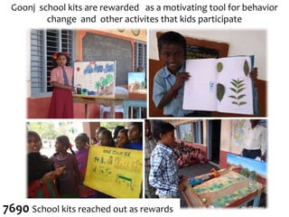 Goonj school kits are rewarded as a motivating tool for behavior
change and other activites that kids participate
7690 School kits reached out as rewards
 