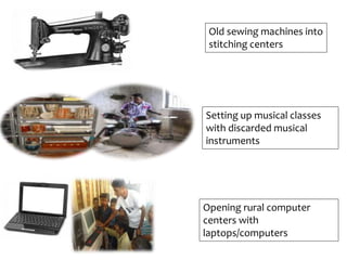 Filling the gaps in resources
Old sewing machines into
stitching centers
Setting up musical classes
with discarded musical
instruments
Opening rural computer
centers with
laptops/computers
1.
 
