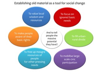 Establishing old material as a tool for social change
To make people
aware of their
basic rights
And to tell
people-the
massive
potential
they have!!
To free up meagre
resources of
people
for other pressing
needs
To mobilise large
scale civic
participation
To fill urban-
rural divide
To focus on
ignored basic
needs
To value local
wisdom and
resources
 