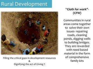 Rural Development
“Cloth for work’’-
(CFW)
Communities in rural
areas come together
to solve their own
issues- repairing
roads, cleaning
ponds, digging wells
to building bridges.
They are rewarded
with need based
material in the form
of comprehensive
family kits
Filling the critical gaps in development resources
&
Dignifying the act of Giving !!
 