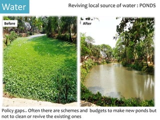 Before After
Policy gaps.. Often there are schemes and budgets to make new ponds but
not to clean or revive the existing ones
Reviving local source of water : PONDS
Water
 